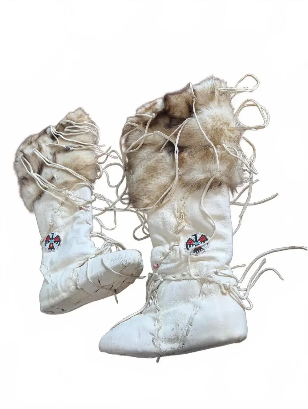 Handcrafted White Leather and Fur Moccasin Boots with Beaded Design